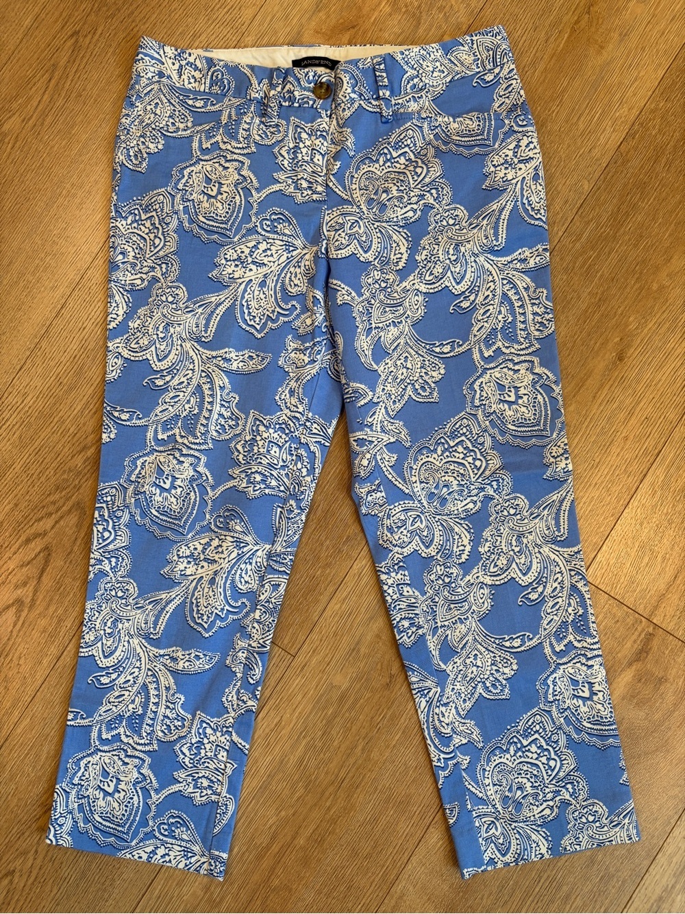 Lands’ End Blue White Paisley Ankle Pants Petite 2P Mid Rise Straight Leg